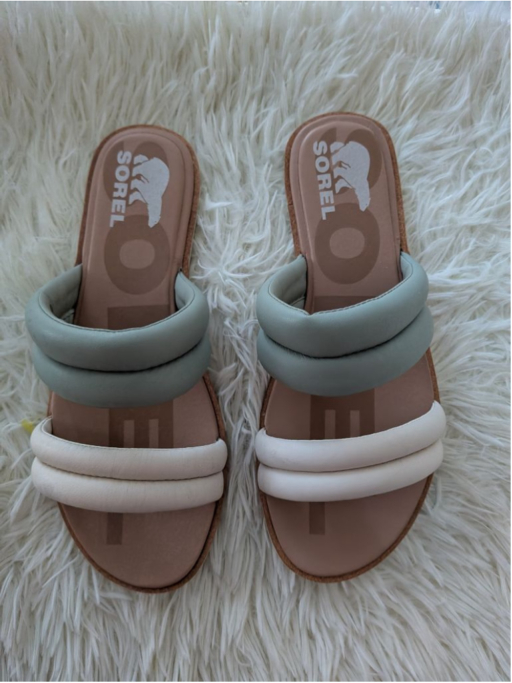 Sorel Ella II Puff Slides Size 8 Sage Green Ivory Padded Sandals - Picture 4 of 12